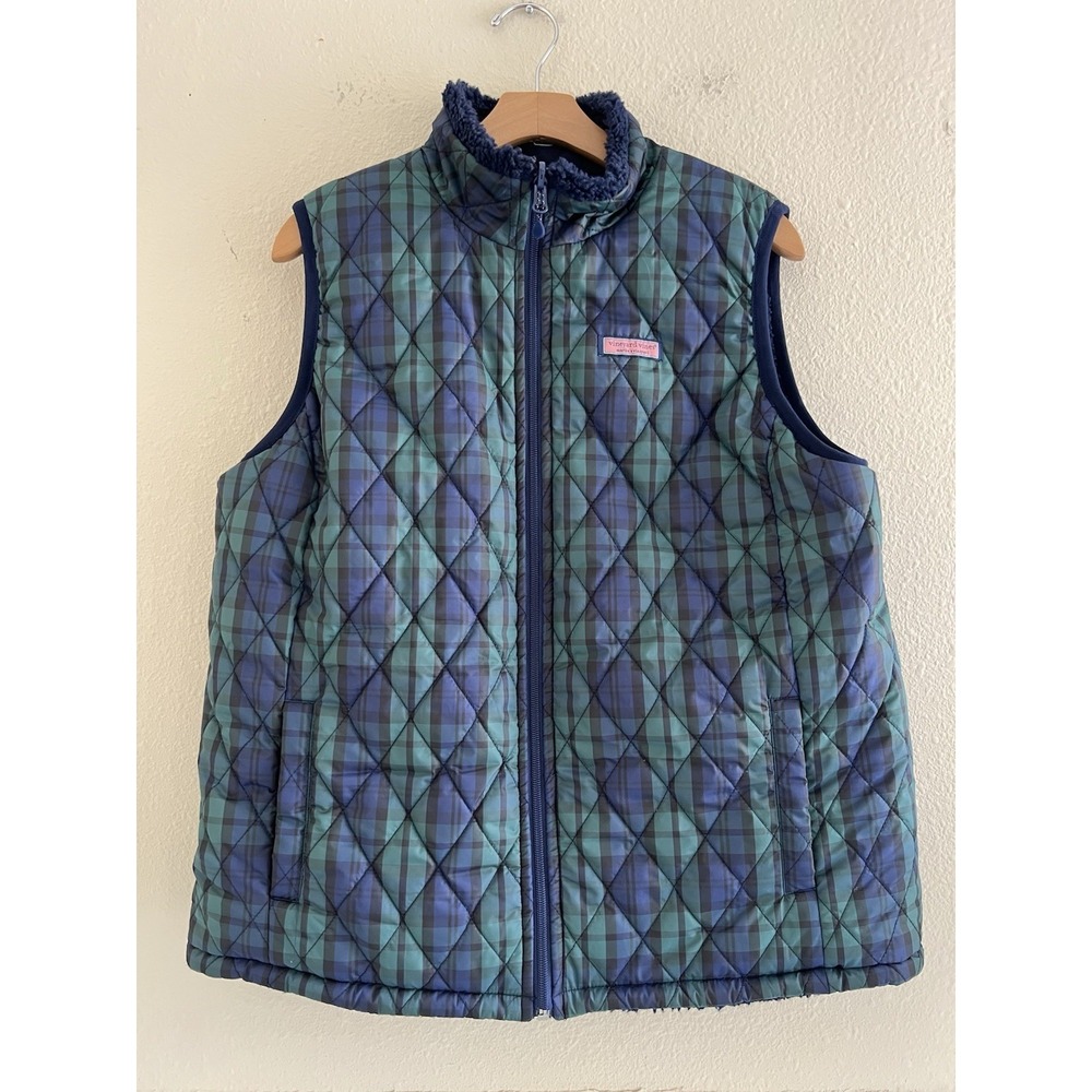 Vineyard Vines Reversible Quilted Vest Womens L Blackwatch Tartan Fleece Navy